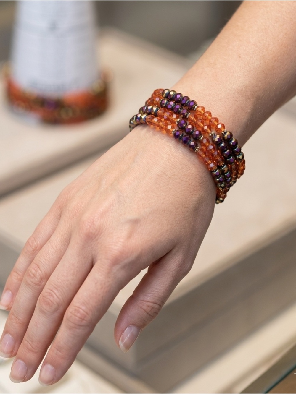 Gold & Orange Oil Slick & Crystal Memory Wire Bracelet